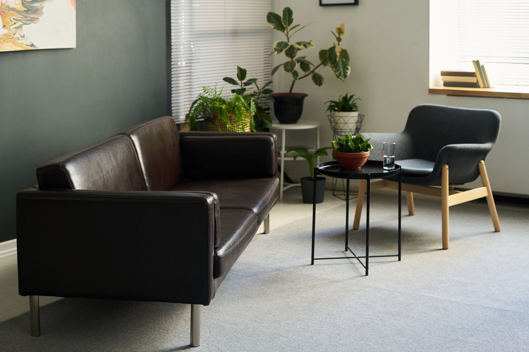 A quiet room with a sofa, an armchair, and plants in daylight
