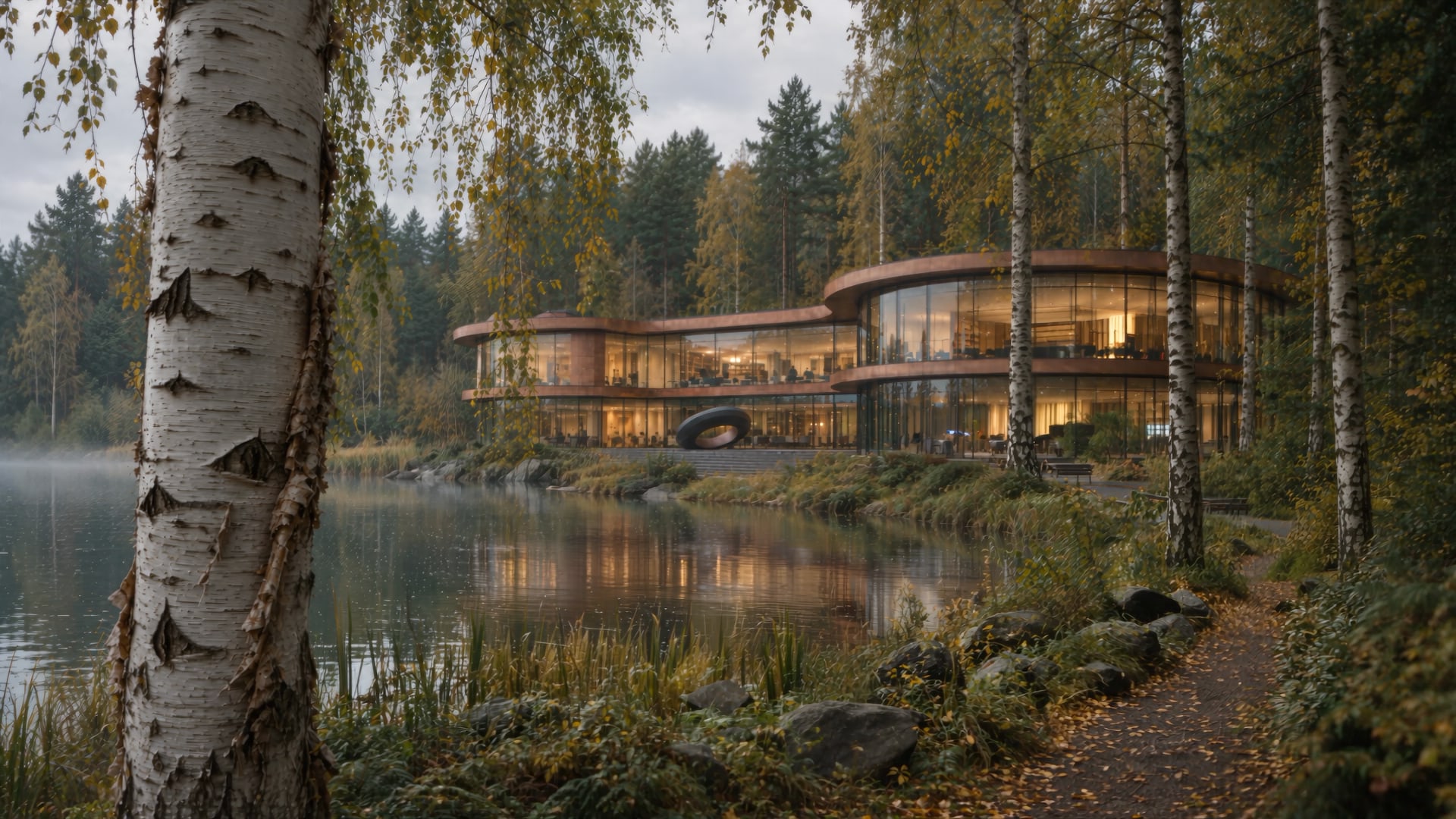 Architectural concept of the institute framed by birches beside the lake