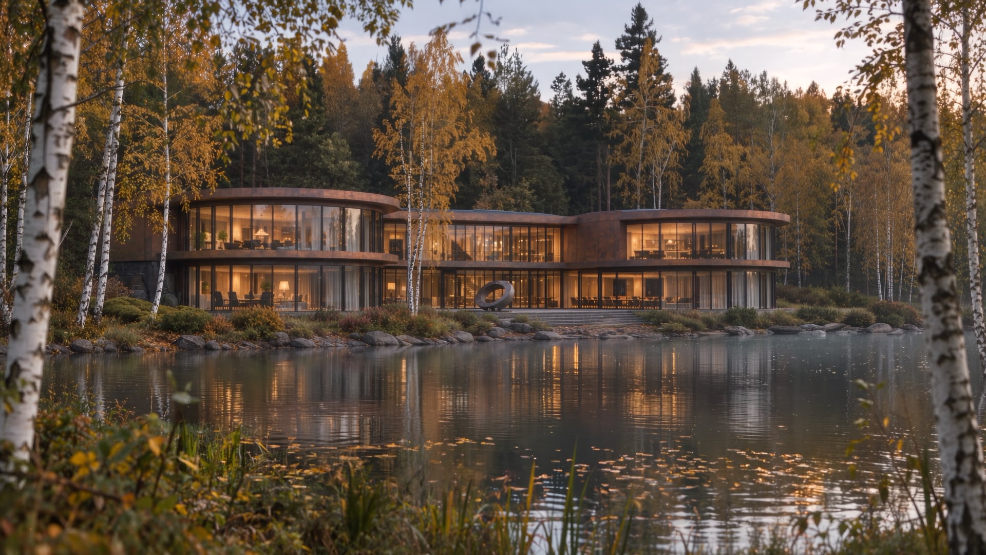 Film still showing an architectural concept of the institute across a reflective lake
