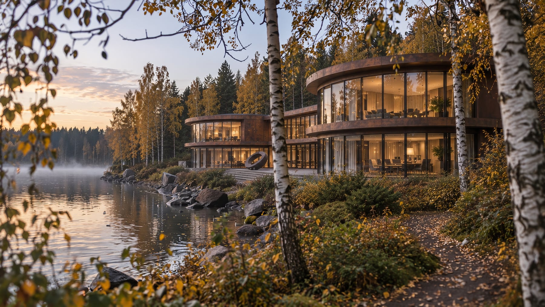 Architectural concept of the institute seen through birches beside the lake at sunset
