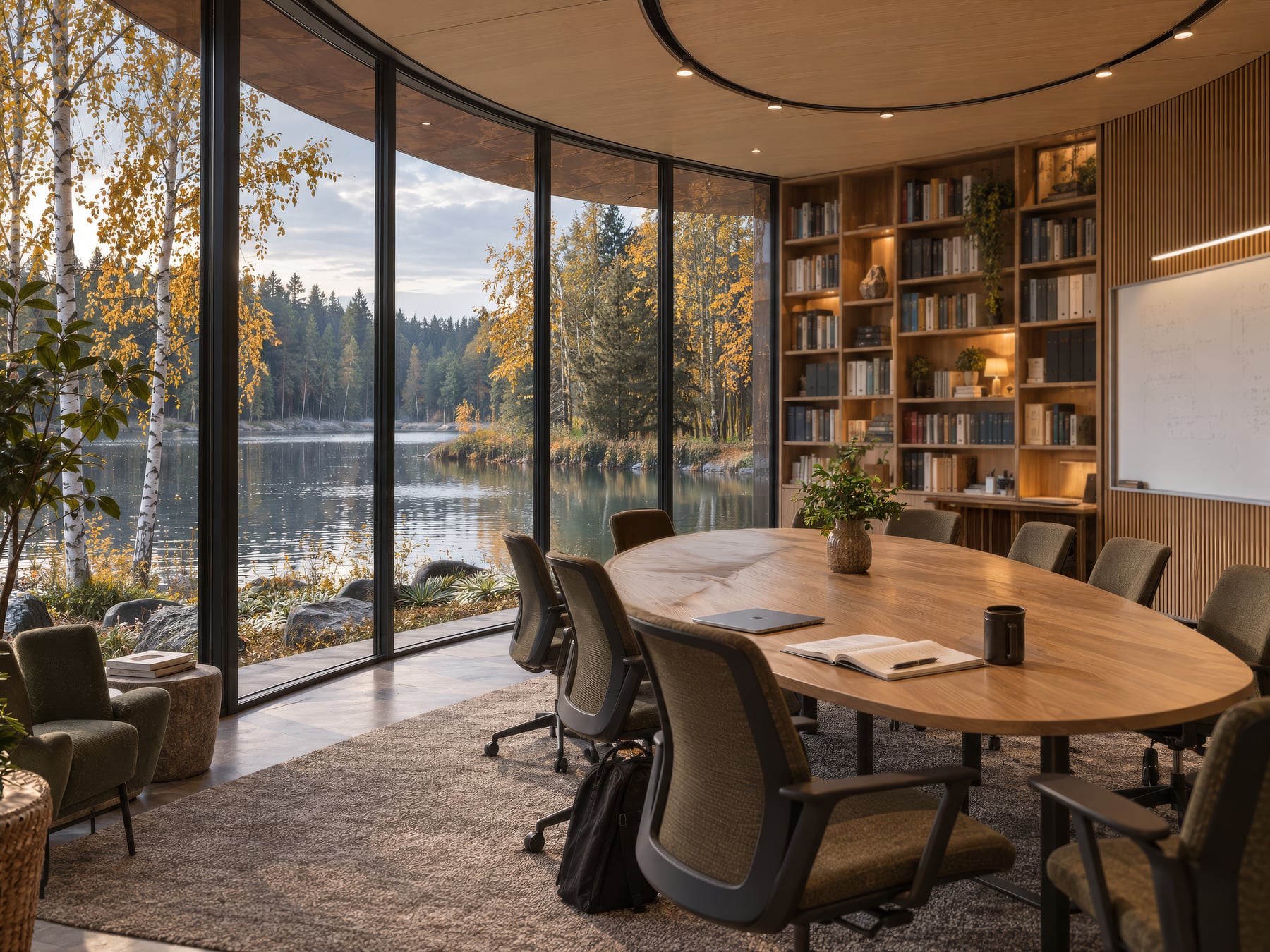 Architectural concept of a lakeside learning room with a wooden table, bookshelves, and views of birches